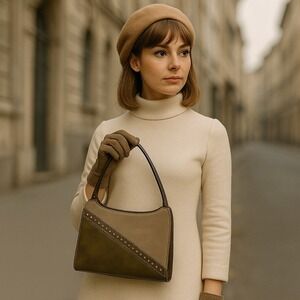 Vintage Lennox Olive‎ Green Taupe Faux Leather Suede Patchwork Handbag 60s Mod